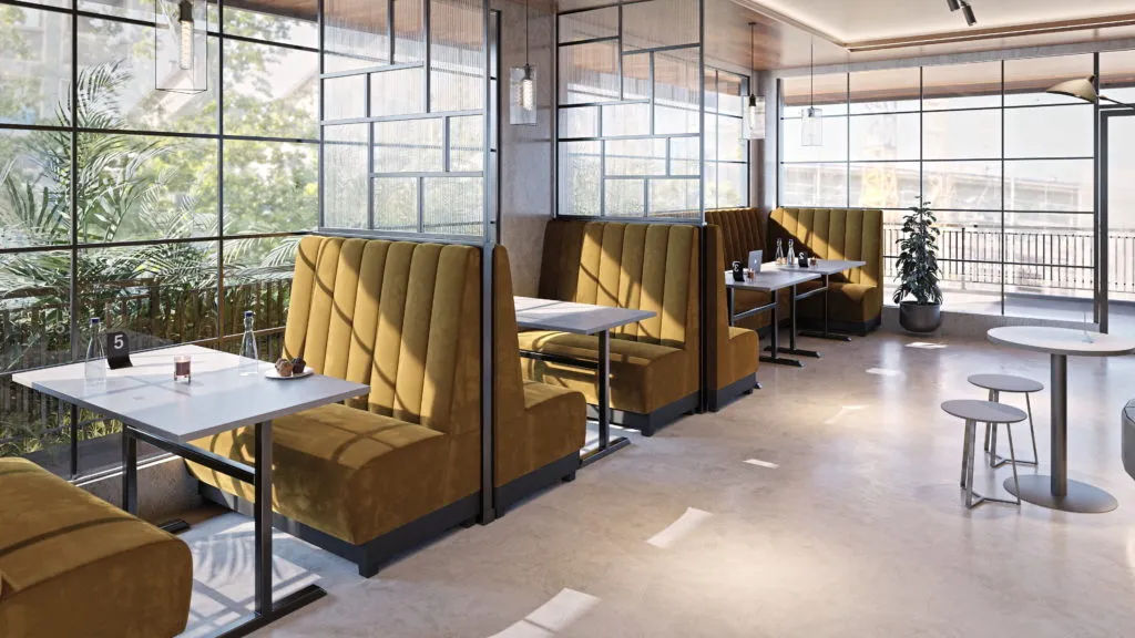 Restaurantsofaen PARIS MAX sydd etter mål, oppsett i et lokale