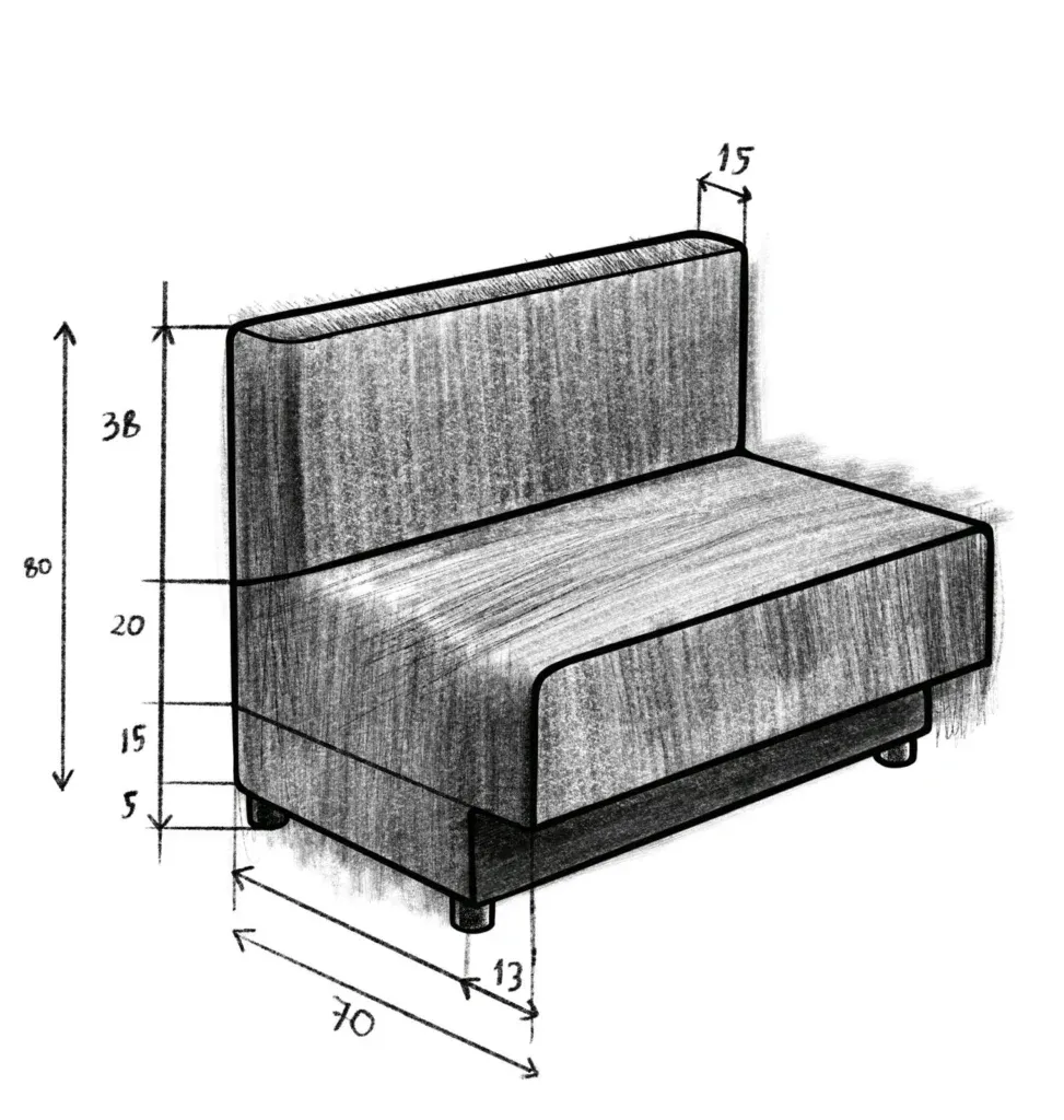 Restaurantsofa: teknisk tegning med mål på sete og rygg i centimeter