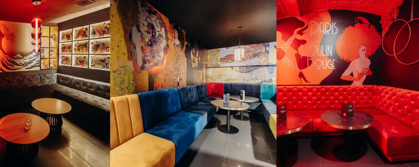 Collage fra nattklubber og puber med polstrede sofaer og LED-lys