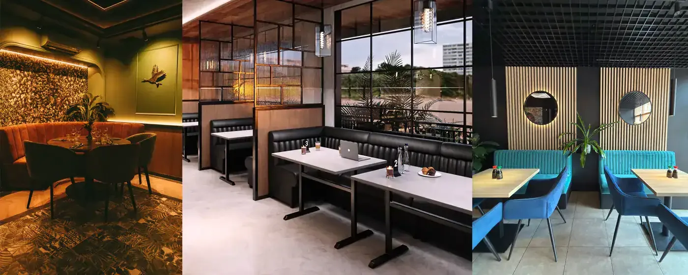Collage fra restaurantsaler med polstrede sittebenker langs veggene