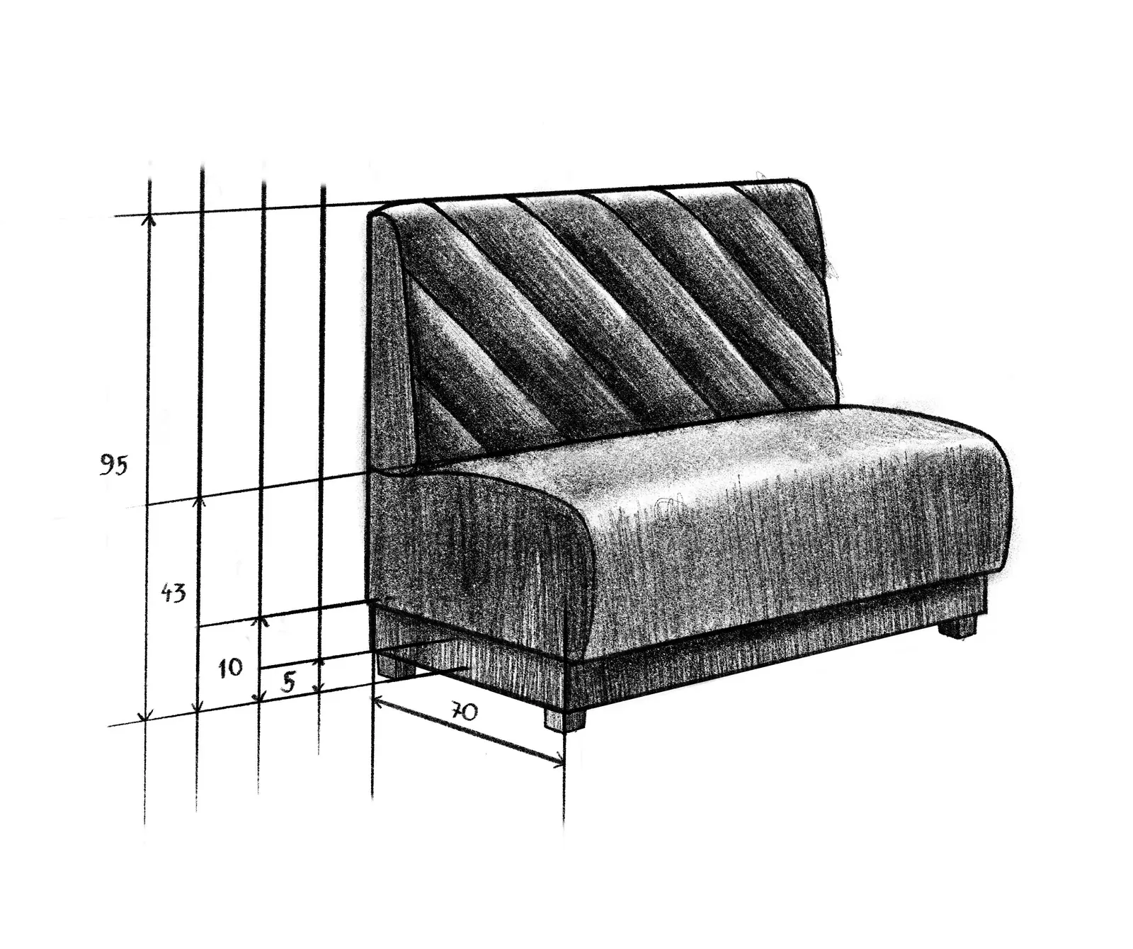 PARIS45 restaurantsofa, teknisk tegning
