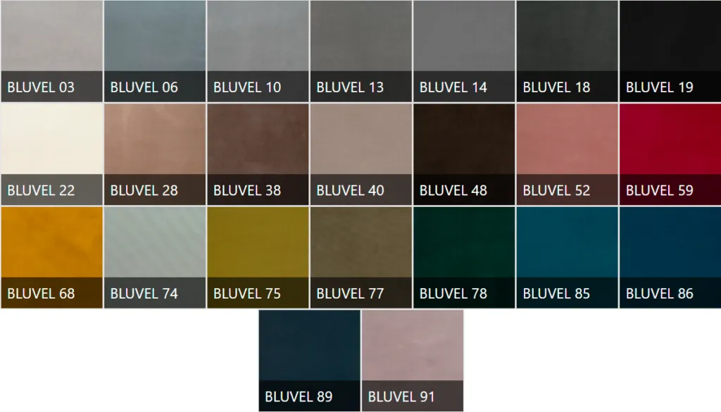 Stoffprøver i velur fra Bluvel, brukt til restaurantsofaer og sittebenker på mål